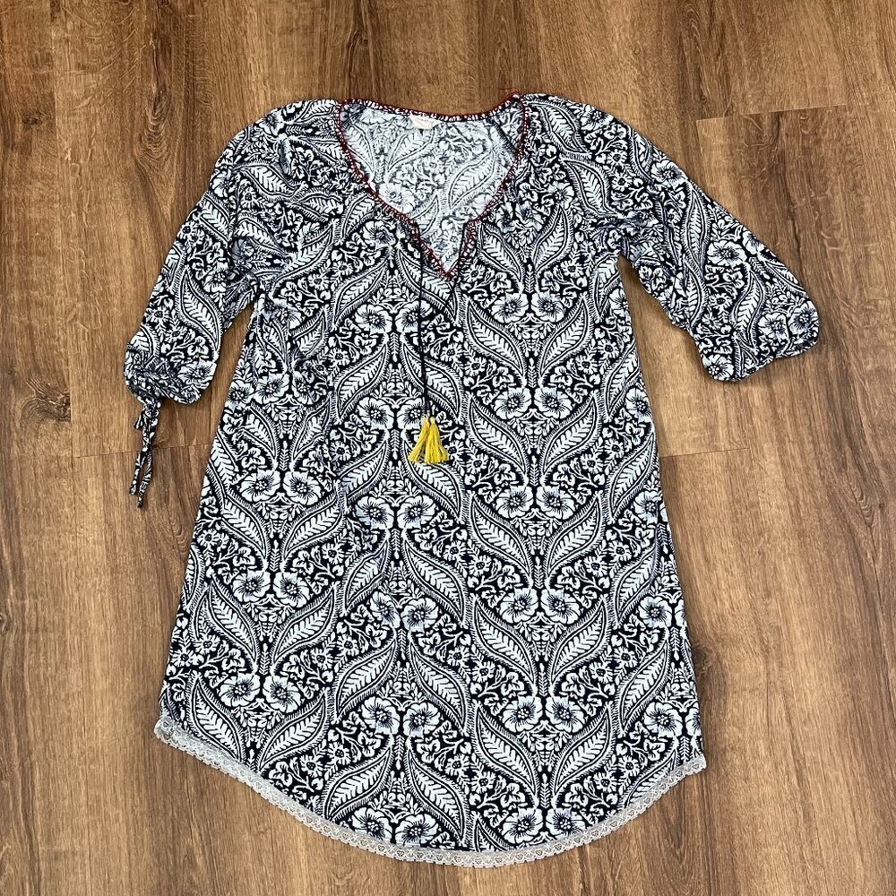 Lucky Brand Blue White Floral Tassel Tie 3/4 Sleeve Mini Dress Cover up Size S - Picture 2 of 12